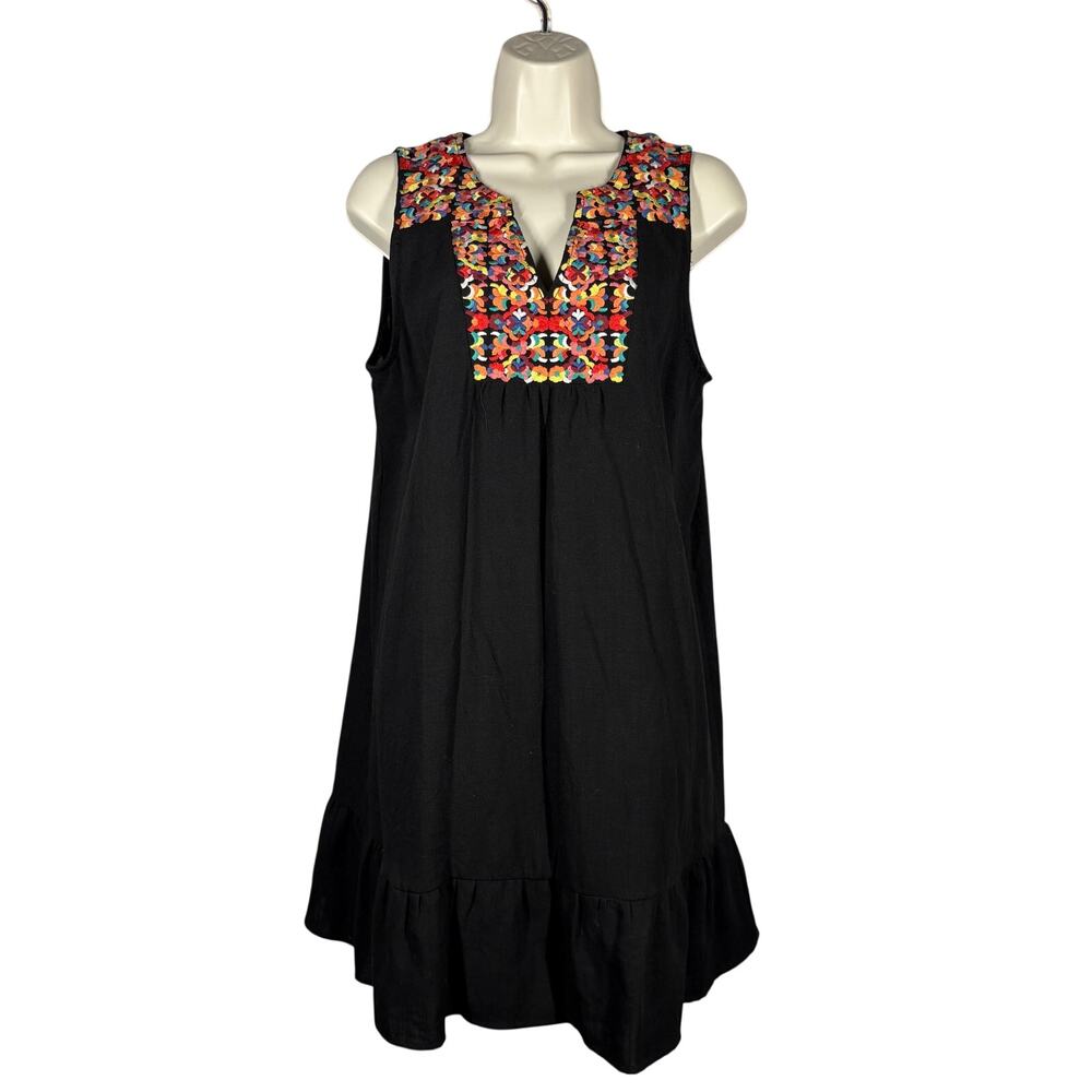 THML Embroidered House Dress Comfy Casual Black Floral Trim Shift Classic - L